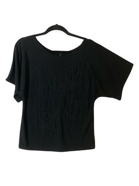 BLEEKER & MCDOUGAL Blouse M Black Glitter Floral Half-Flared-Short-Sleeve